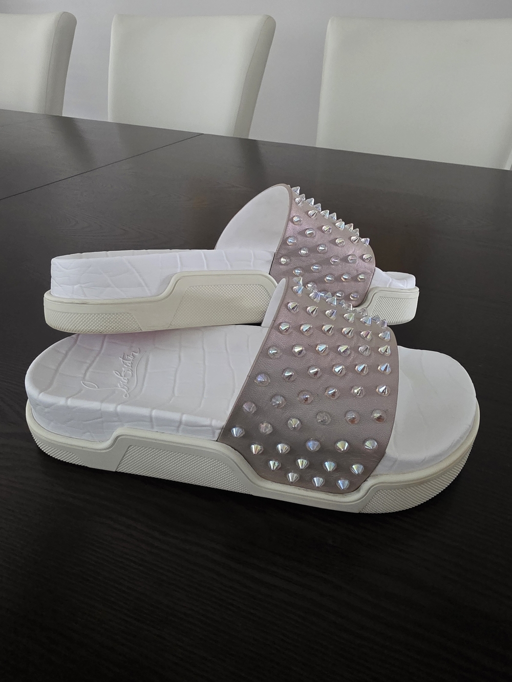 Christian Louboutin Studded Pink Slide Sandals with White Platform Sole - Women